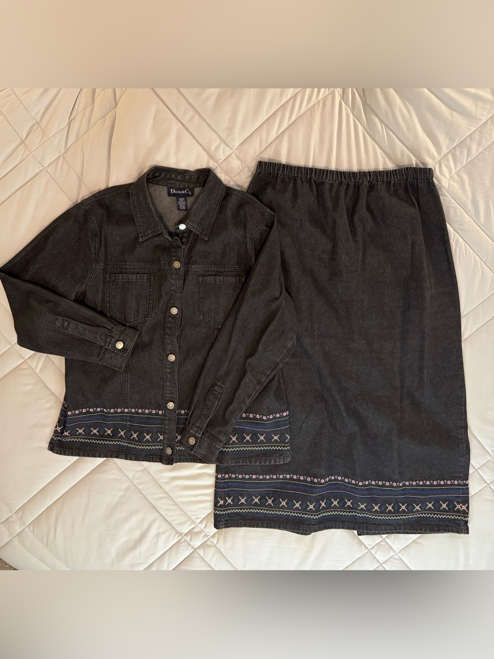 Denim & Co. Embroidered Jacket and Skirt Set Size L